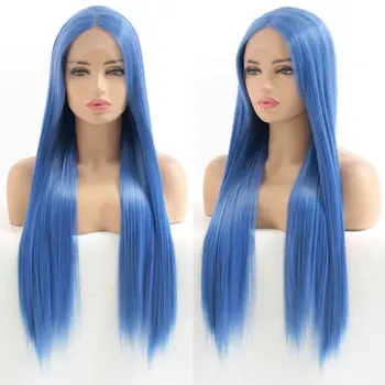 

Hand Tied Synthetic 13*3 Lace Front Wig Sky Blue Straight Heat Resistant Fiber Hair Natural Hairline Middle Part For Women Wigs