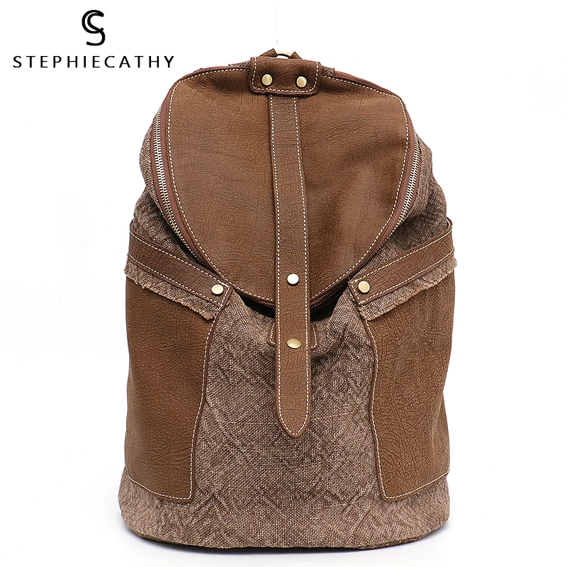 

SC Design Style Vinatge Genuine Leather Backpack Women Linen Patchwork Shoulder Bag Ladies Large Zip School Bag Female knapsack