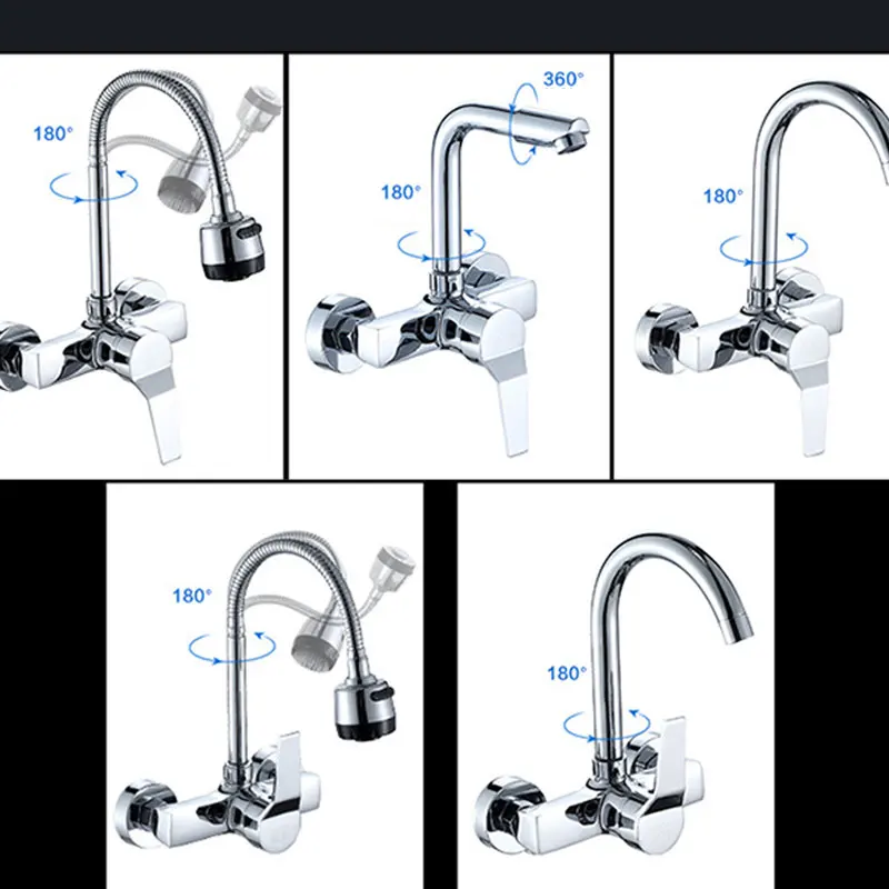 Хромированный настенный смеситель для кухни с поворотом на 360 градусов и гибкой трубкой для горячей и холодной воды, настенный смеситель с двумя отверстиями, mxiers