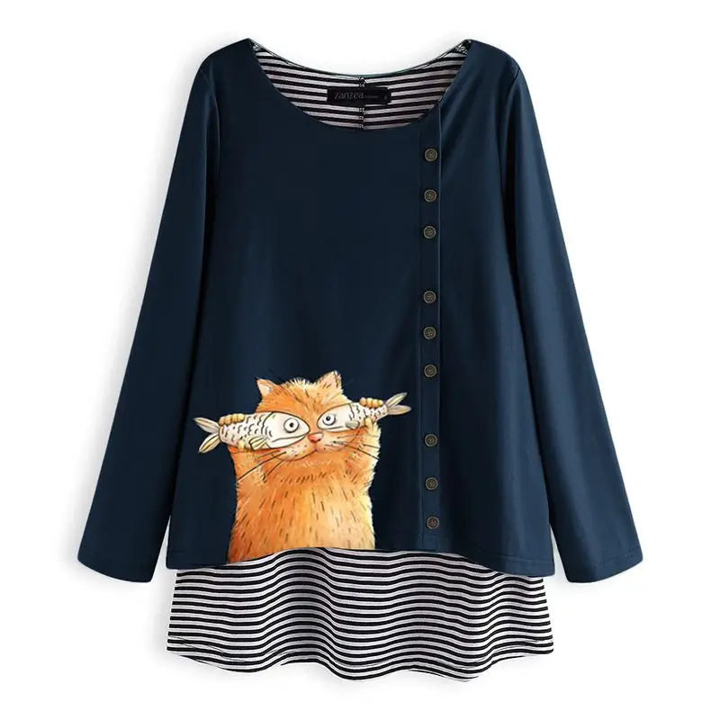Navy ZANZEA Топы Blusas Женская Повседневная блуза с длинным рукавом Женская Лоскутная полосатая рубашка с принтом кота свободная туника с круглым вырезом - Цвет: Navy