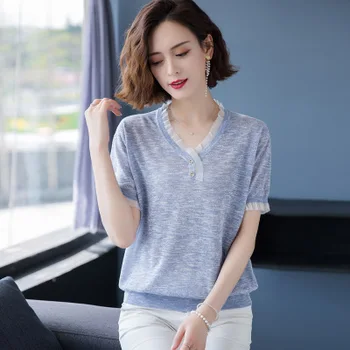 

Fashion Summer women's T-shirt V-neck knitted shirt short sleeve