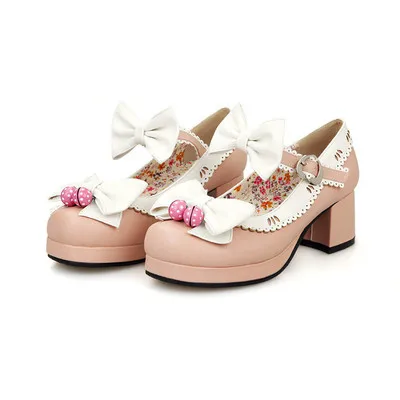 Японские милые маскарадные туфли в стиле «Лолита» Колокольчик в виде клубники, с бантом, обувь Kawaii круглый носок толстый каблук с одним словом, с пряжкой женская обувь лоли - Цвет: Розовый
