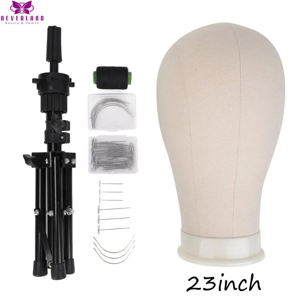 Cabeza de Maniquí de entrenamiento de 21/22/23 pulgadas, cabeza de lona para pelucas, fabricación de pelucas, cepillo de pelo con pasadores en T, juego de agujas con trípode, soporte para pelucas