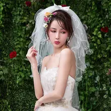 4 уровня свадебная вуаль с расческой, имитация жемчуга, бисер, атлас, бант, топ, волнистые оборки, отделка, Романтические свадебные вечерние аксессуары для волос