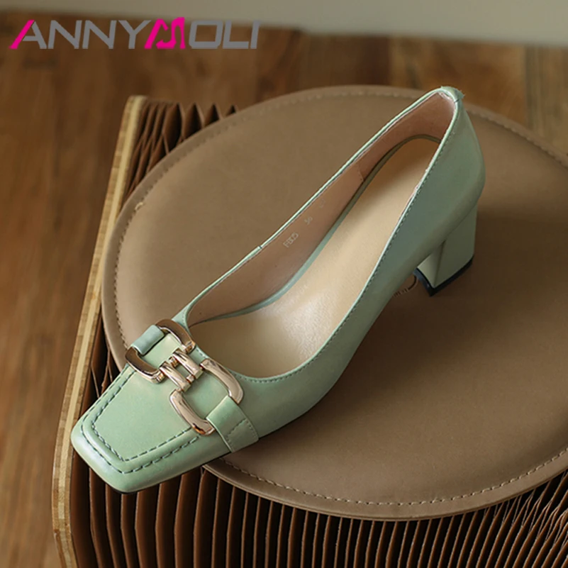 

ANNYMOLI Spring Women Shoes Genuine Leather Chunky Heels Metal Decoration Pumps Elegant High Heel Fashion Shoes Autumn Beige 42