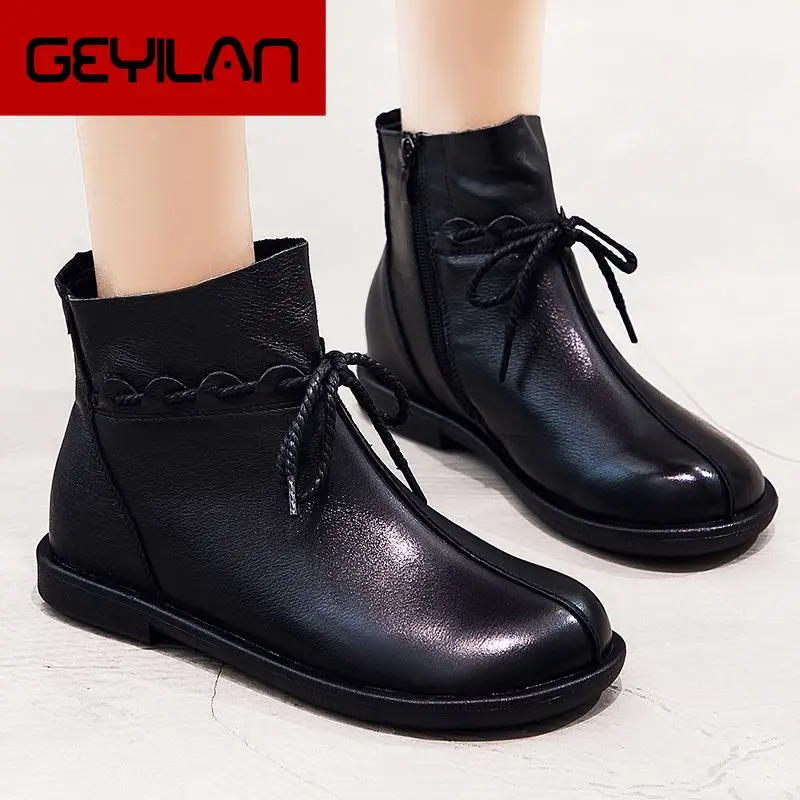 

New 2019 Autumn Fashion Women Genuine Leather Boots Handmade Vintage Flat Ankle Botines Shoes Woman Winter botas