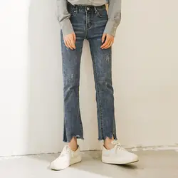 Модные повседневные джинсовые брюки нерегулярные рваные джинсы для женщин хлопковые брюки с высокой талией подол Сплит новые брюки