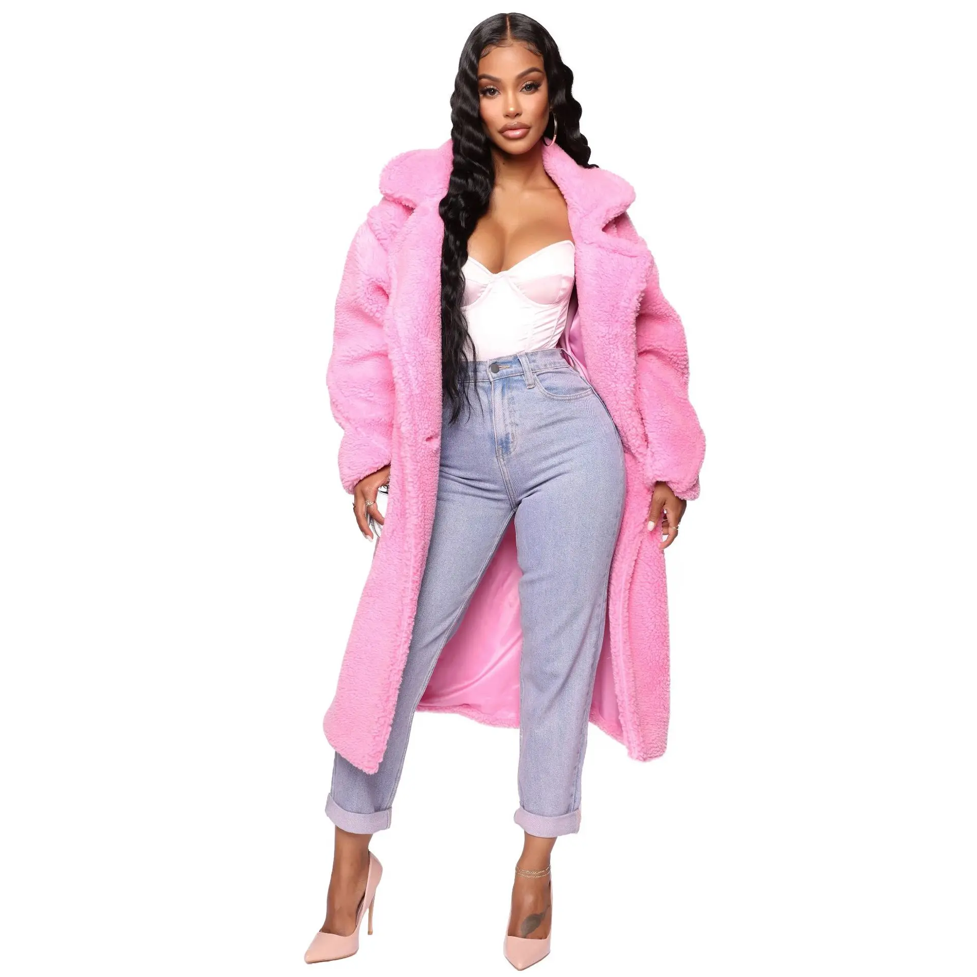 Fleece Long Winter Jacket Women Turn-Down Collar Long Sleeve Causal Warm Coat Plus Size Causal Pockets Slim Thicken Cardigan - Цвет: Pink
