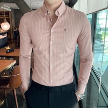 Высокое качество Мужская официальная одежда рубашка осень новая деловая Мужская рубашка с длинным рукавом простая вышивка полосатые рубашки для мужчин 3XL