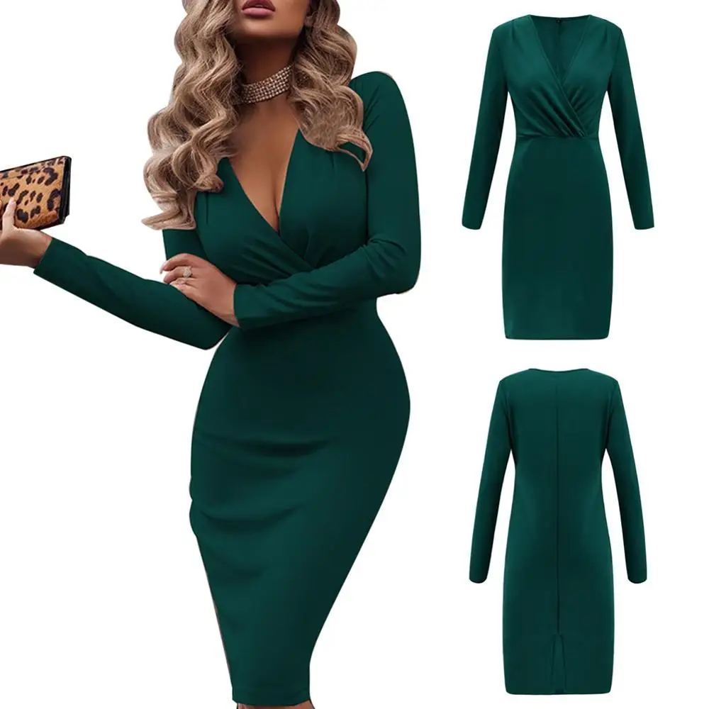 Women New Long Sleeve Deep V Neck Solid Slim SLong Dress Casual Simple High Stretchy Package | Женская одежда