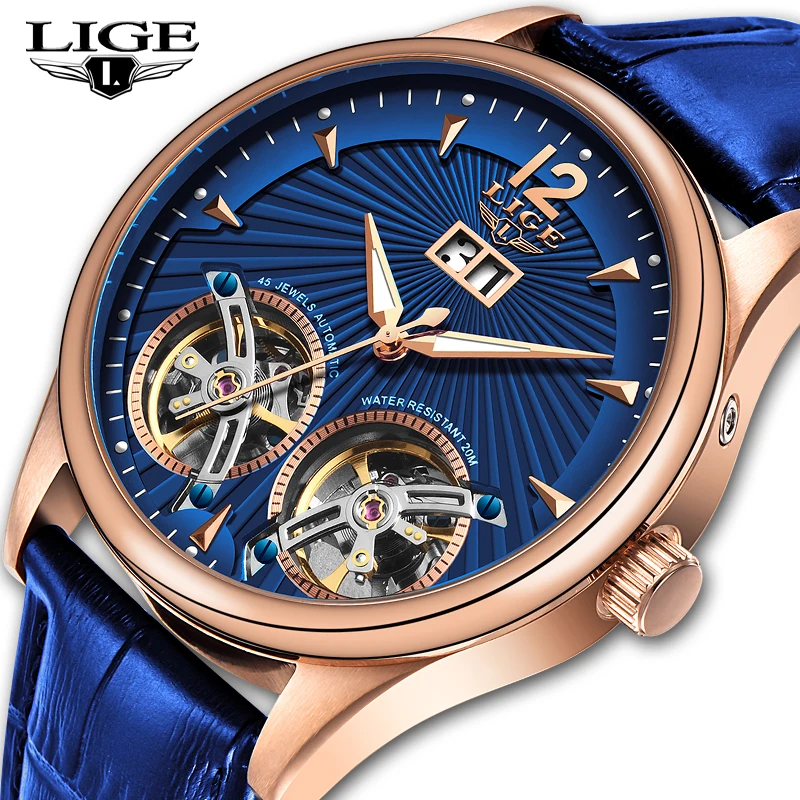 Часы наручные LIGE Мужские механические брендовые Роскошные автоматические с