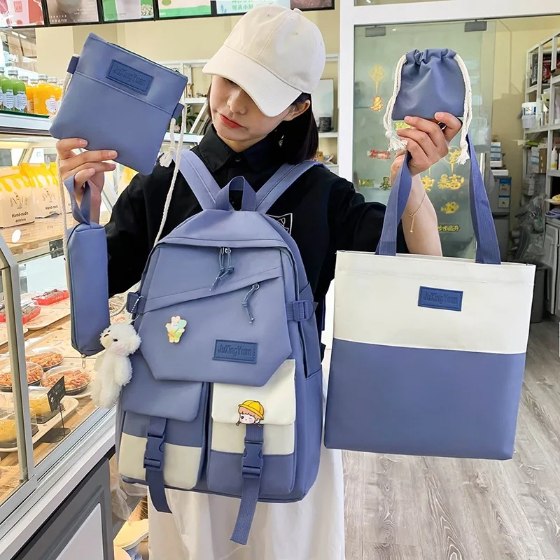 

5 Pcs Set Harajuku Women Laptop Backpack Canvas School Bags For Teenage Girls Kawaii College Student Kids Book Bag Rucksack