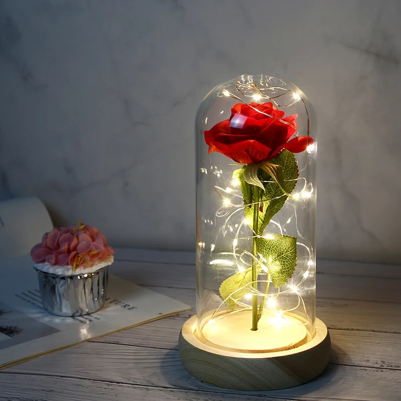 

Valentines Gifts Romantic Eternal Rose Flower Led Light Artificial Red Roses with Glass Cover for Wedding Party Table Decoration