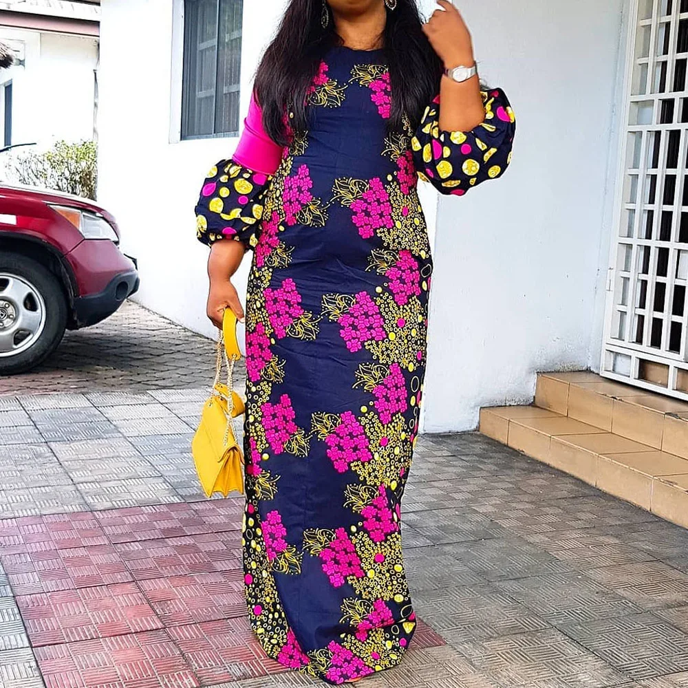 

Vintage Floral Print Round Neck Floor Length African Ladies Retro Bodycon Party Maxi Dress Fall Robe Women Autumn Long Dress