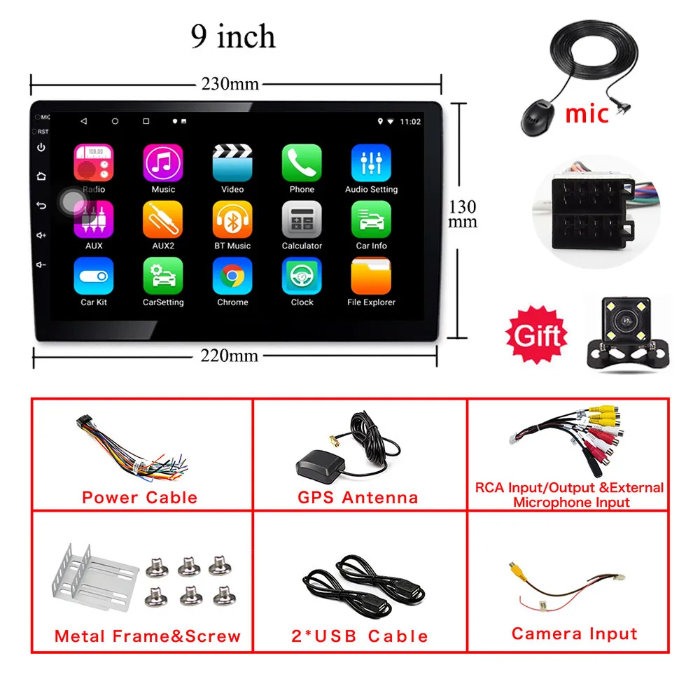 9inch with camera 9 дюймов/10 дюймов Универсальный 2din Android 8,1 автомобильный радиоприемник четырехъядерный 1080P сенсорный экран gps Bluetooth wifi RDS/AM/FM SWC USB зеркальная связь - Цвет: 9inch with camera