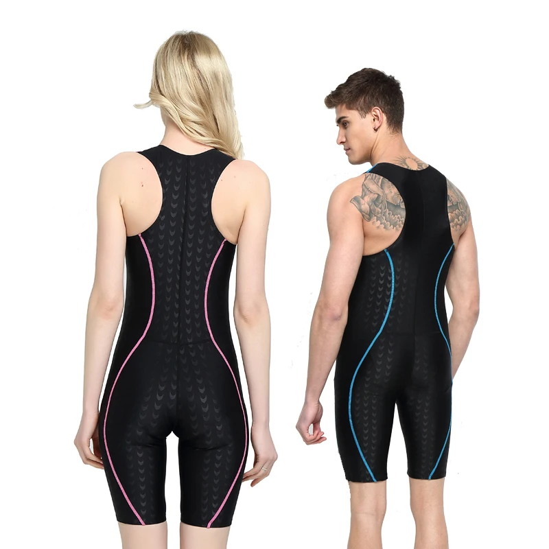 Men Women One Piece Athletic Professional Competition Swimsuit Racing Sharkskin Knee Length Training Swimwear Bathing DivingSuit