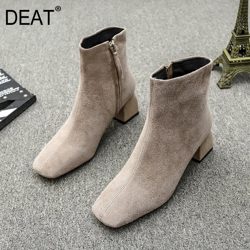 [DEAT] 2019 Square Toe Side Zipper Matte Leather Velvet Shoes Women High Heels Short Boots New Autumn Winter Fashion Tide 10E863 | Обувь