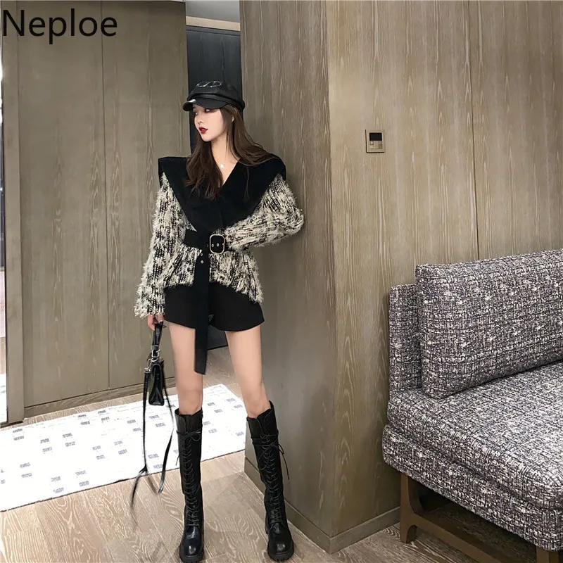 Neploe, модное зимнее пальто с большим отложным воротником, с рукавами «летучая мышь», с тонким поясом, с переплетением, из смешанной шерсти, Constast, с цветными нашивками, Casaco