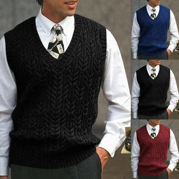

Knitting Sweater Vest Men 2020 New Business Solid Color Sleeveless Sweaters Pullover Men V-Neck Slim Twisted Knitted Waistcoat