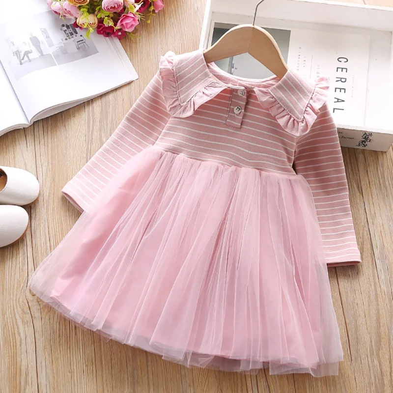 P Winter Long Sleeve Baby Girls Dress Autumn Girls Mesh Stitching Gauze Princess Stripes Print Cute Lapel Sweet Daily Clothes - Цвет: P