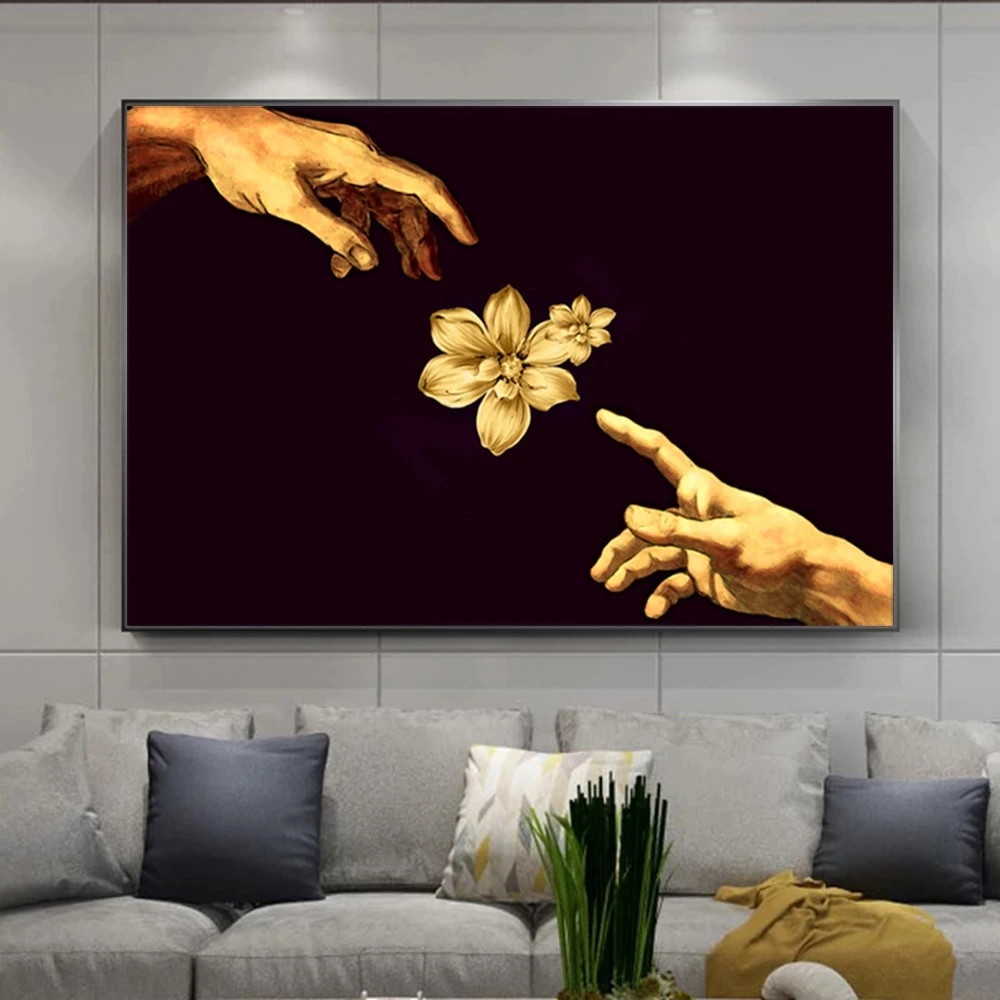 

Golden Flower Creation Of Adam Classic Canvas Painting Creative Art Posters And Prints Hand In Hand Home Decor Wall Art Picture