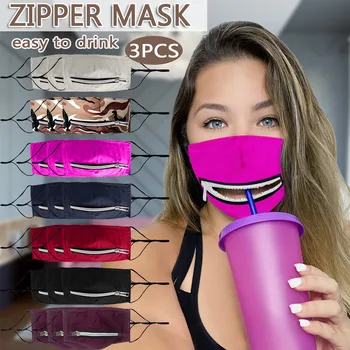 

3PC Adult Women Protect Washable Face Mask Drinking Mask with Zipper mascarilla masque маска маски masque de protection lavable