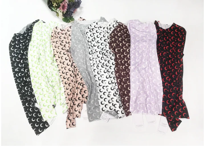 Ice Silk Crescent Moon Print Bodycon T-shirt Slim Top 2021 Summer Women's Round Neck Long Sleeve Tight T-shirt
