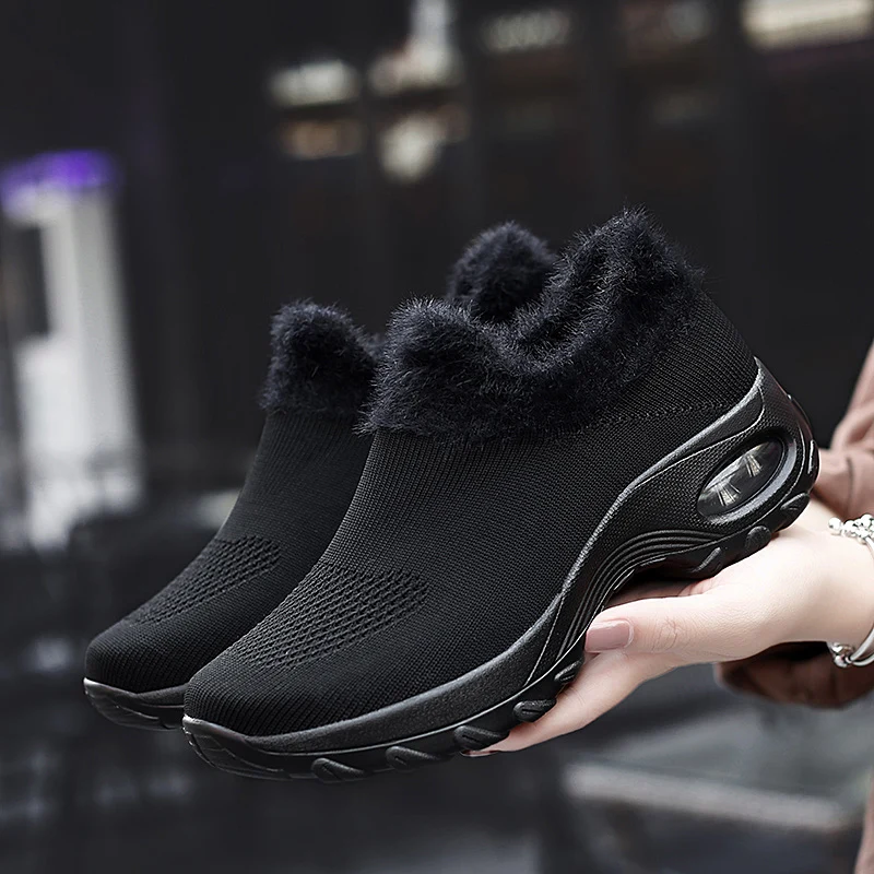 Winter Sneakers Womens Shoes Flats Platform Boots Plush Warm Walking Boots Flyknit Footwear Female Wedge Shoes Big Size 42