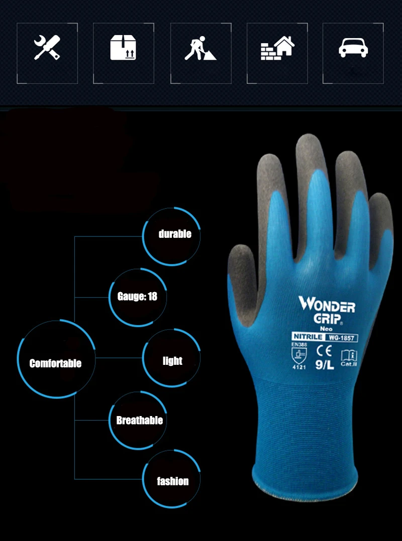 Wonder Grip рабочие перчатки для нейлона спандекса, обернутые пенопласт с нитритовым покрытием противоскользящие 18 калибровочных рабочих перчаток