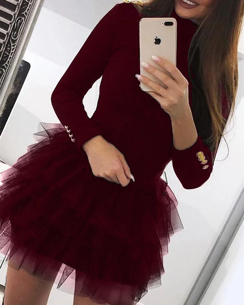 Buttoned Long Sleeve Solid Spliced Mini 