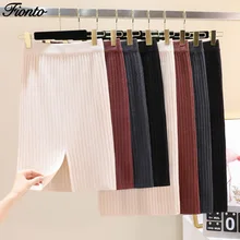 FIONTO, Осень-зима, Теплые юбки с эластичными лентами 60-80 см, женская трикотажная прямая юбка с высокой талией, юбка средней длины в рубчик