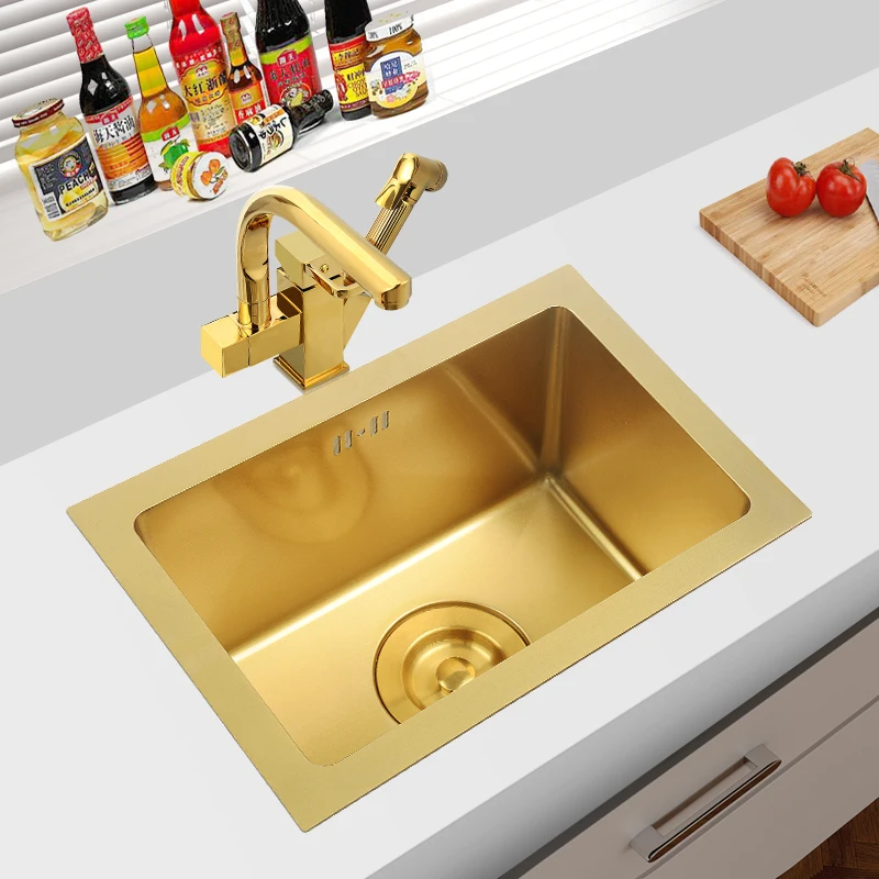 Brushed Gold Single Bowl Stainless Steel Kitchen Sinks Drop In Kitchen Hardware 45cm Square Undermount Or Upmount Kitchen Sinks Kitchen Sinks Aliexpress