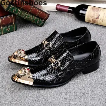 

Classic Black Genuine Leather Men Shoes Snakeskin Printed Men Leisure Business Leather Shoes Metal Capped Toe Slip-on Shoes Man