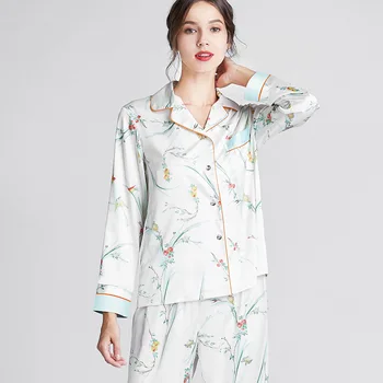 

2020 New Pajama Women's Spring And Summer Thin Silk Printing Long Sleeved Trousers Casual Home Wear Suit Spring / Autumn Pajamas