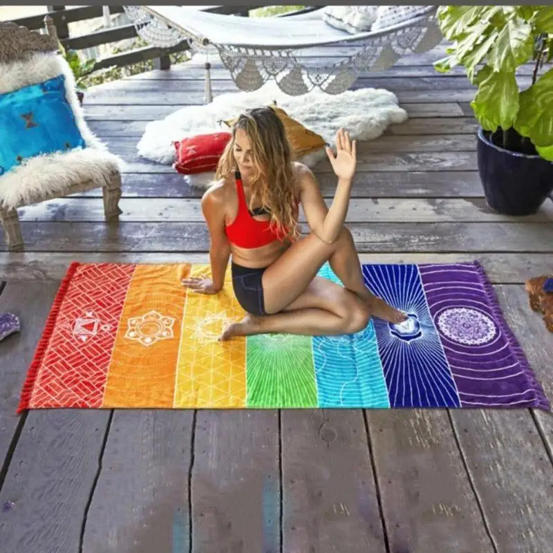

Polyester Wall Hanging India Mandala Blanket 7 Chakra Colored Tapestry Rainbow Stripes Travel Beach Yoga Mat