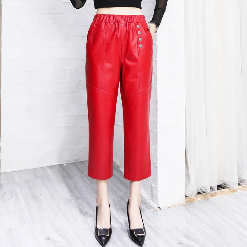 

2021 Spring Autumn Women's Genuine leather Ninth pants High quality Sheeoskin Real leather straight pants C269