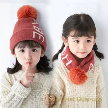 Детский шарф, шапка двойного назначения, осенне-зимняя вязаная шапка с буквенным принтом, уличная теплая шерстяная шапка с помпонами для мальчиков и девочек 1-12 лет