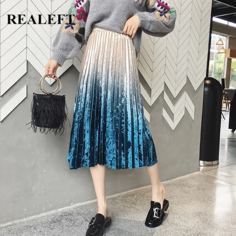 REALEFT осень зима женские Элегантные градиентные бархатные длинные плиссированные юбки с высокой талией Harajuku тюлевые трапециевидные юбки женские