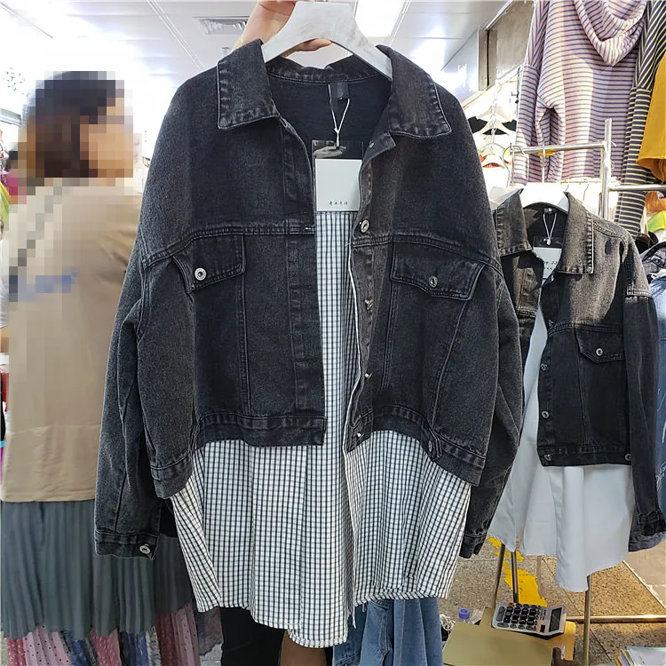 Harajuku BF Стиль Женский поддельный из двух частей Свободная джинсовая куртка белая рубашка лоскутное тренд уличная джинсовая куртка s