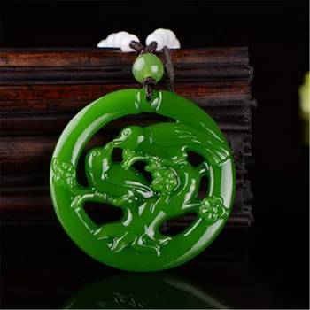 

Natural Hetian Jade Green Jasper Pendant Hand Carved Hollow Lucky Double Magpie Necklace for Men Women Dropship