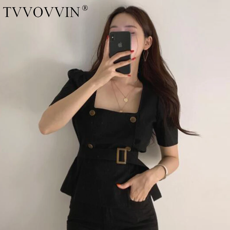Tvvovvinin 2019 корейская мода шикарный стиль блузка короткий рукав Новая летняя Весенняя Талия Повязки женская рубашка Tide C203