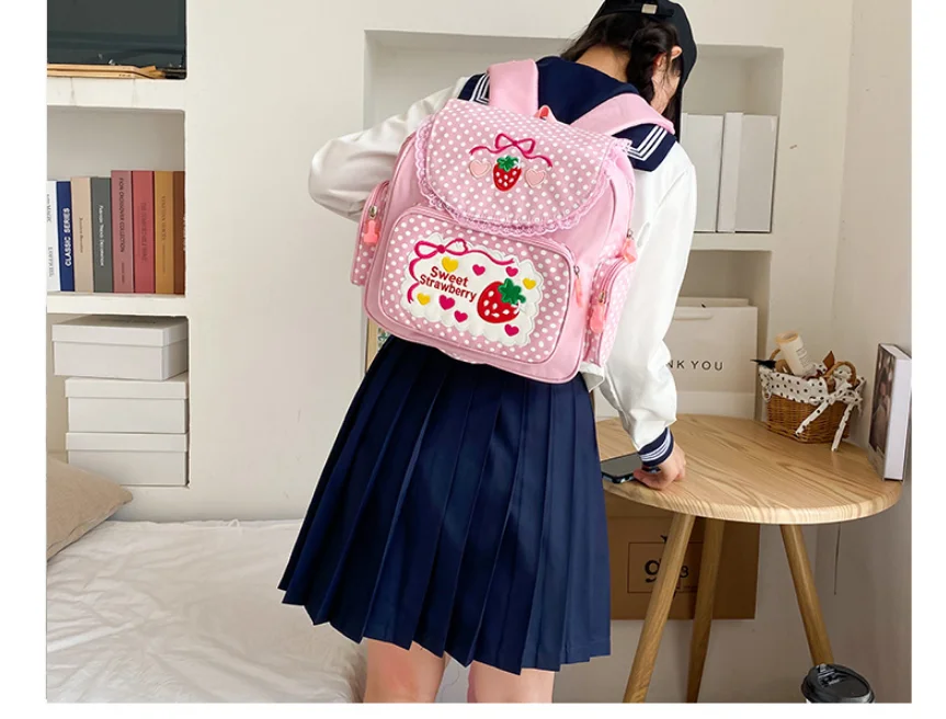 2021 New Arrival! Cute embroidery fruit strawberry lace backpack