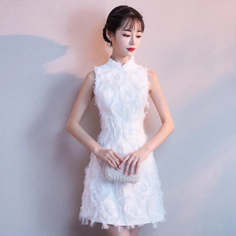 Белое Женское платье без рукавов Cheongsam, короткие тонкие вечерние платья, весеннее китайское стильное платье с воротником-стойкой, Qipao, сексуальное платье Vestido XS-3XL - Цвет: White - B