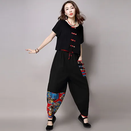 Kaufen Retro casual hosen für frauen im frühjahr und herbst Chinesischen stil baumwolle leinen große größe breite bein hosen lose knickerbocker