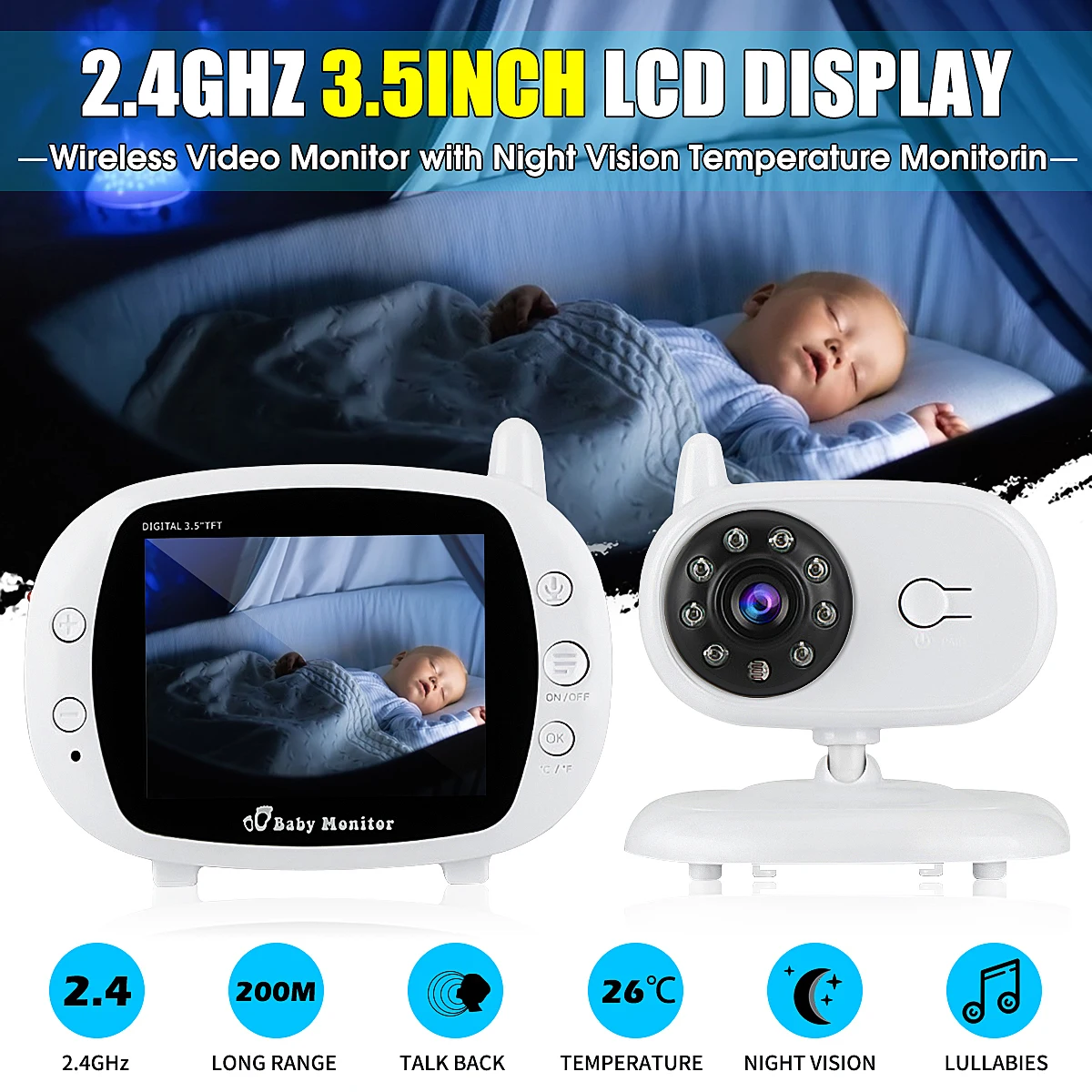 

3.5''Digital Wireless Baby Monitor LCD Display Video Color Security Camera Temperature 2 Way Talk Night Vision Baby Nanny Camera