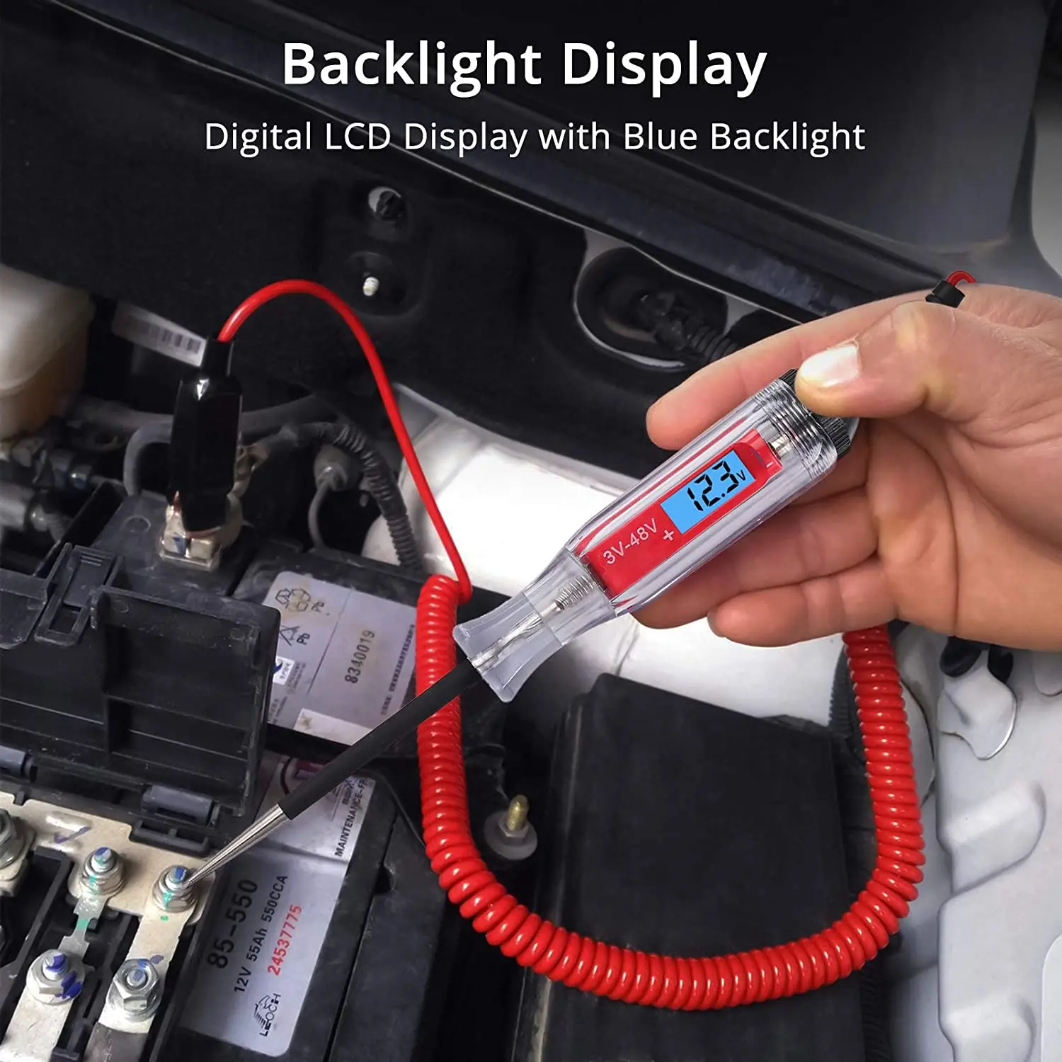 Car Truck Vehicles Low Voltage Tester KELEN 3-48 Volt Test Light 3-48v Backlit Digital LCD Circuit Tester with 140 Inch Extended Spring Wire Automotive Test Light with Sharp Stainless Probe 