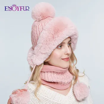 

ENJOYFUR Women bomber hat scarf set for winter warm faux rabbit fur caps thick lined ear flap beanies for girls