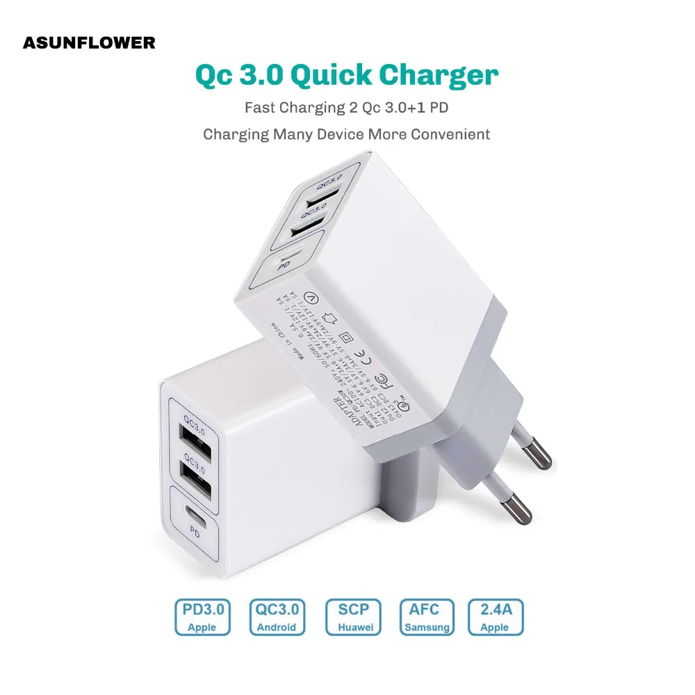 30W Charger 18W PD Charge Port For MacBook Air Pro 5V 2.4A Qc 3.0 Quick Charger For Samsung Huawei Xiaomi Android Phone Charger