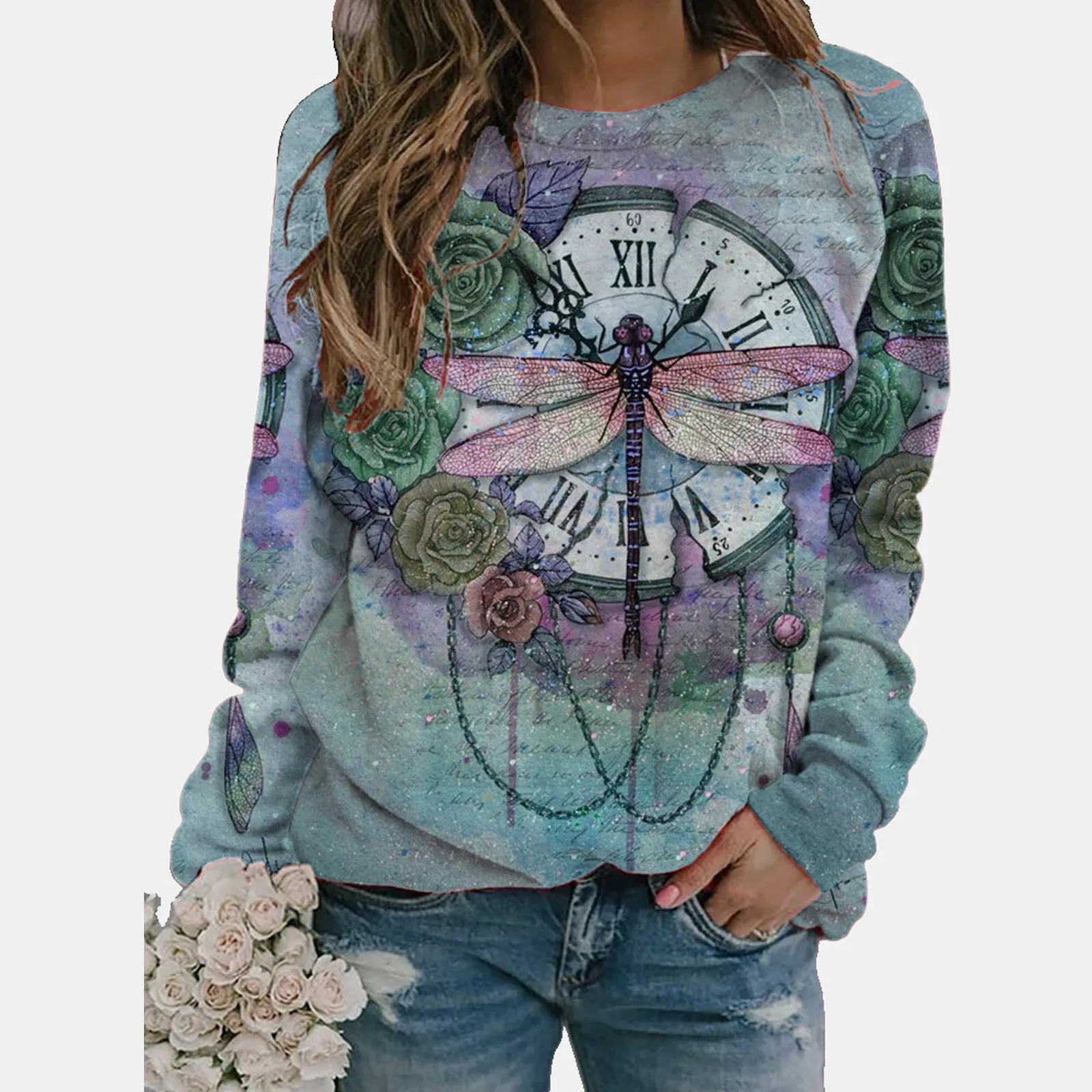 Liquidación Blusa de manga larga con estampado de mariposa y libélula para mujer, camisa elegante con cuello redondo para otoño de Harajuku, 4 # dmx5M9Zaebb