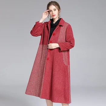 

Winter Coat 2019 Women's OL Elegant Fashion Patchwork Turn Down Collar Long Sleeves Single Breasted Loose A-Line Woolen Coats